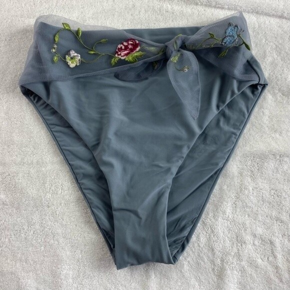 Anthropologie Bikini Bottoms High-Waisted Steel Blue Embroidered Sz S NWOT - Picture 4 of 9
